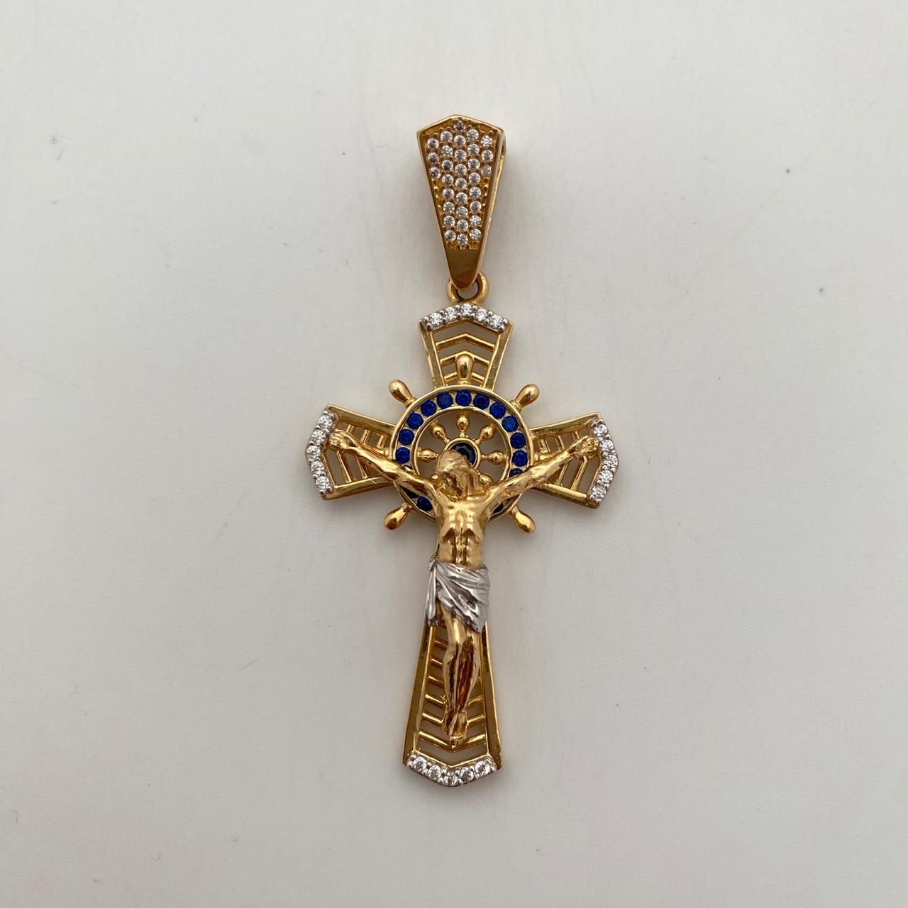Dije cruz con cristo y circones blancos y azules Oro amarillo 18k 10,95 Gr / 28,5 mm / 5,6 Cm