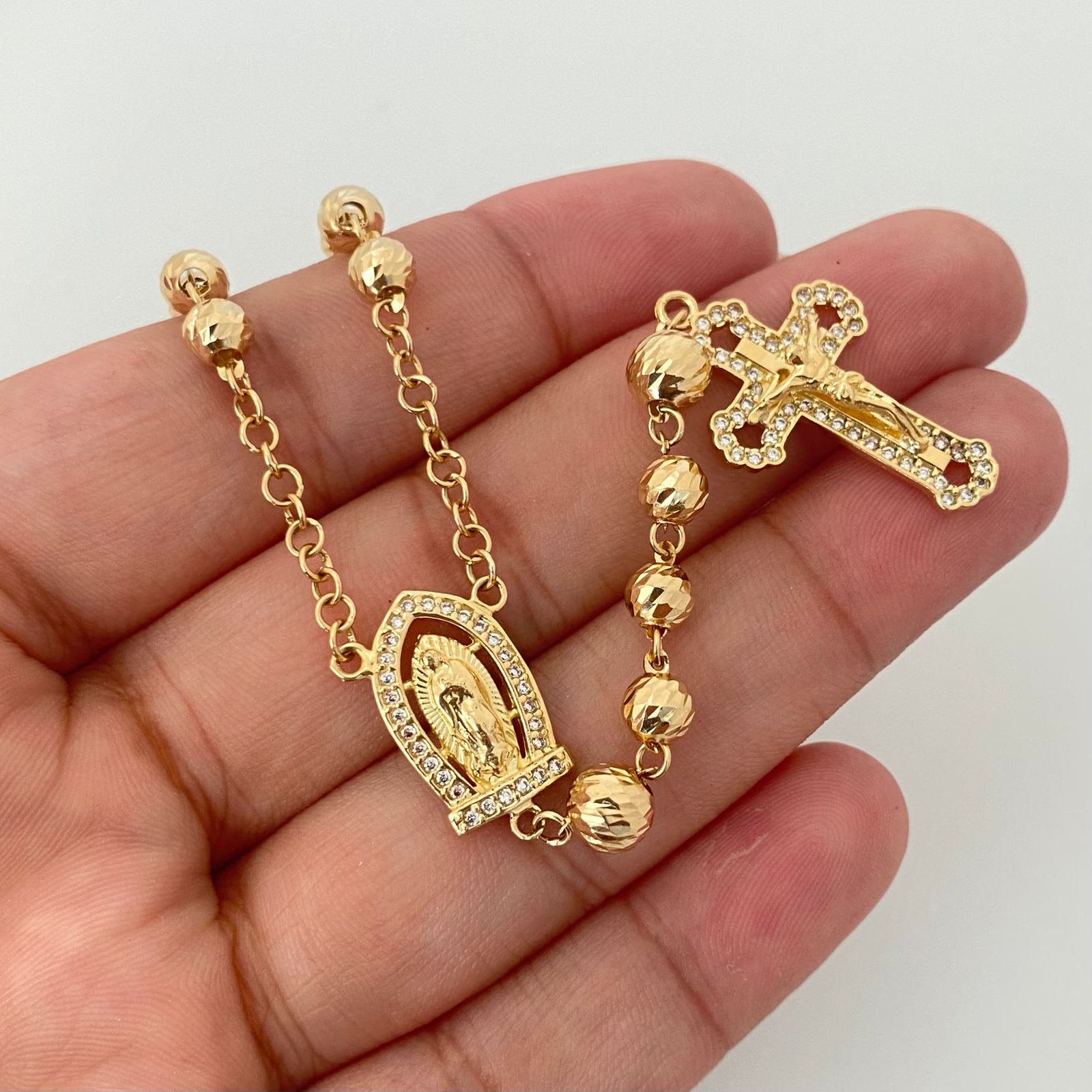 Rosario virgen guadalupe altar casting balines diamantados Oro amarillo 18k 18,55 Gr / 5,0 mm / 66 Cm