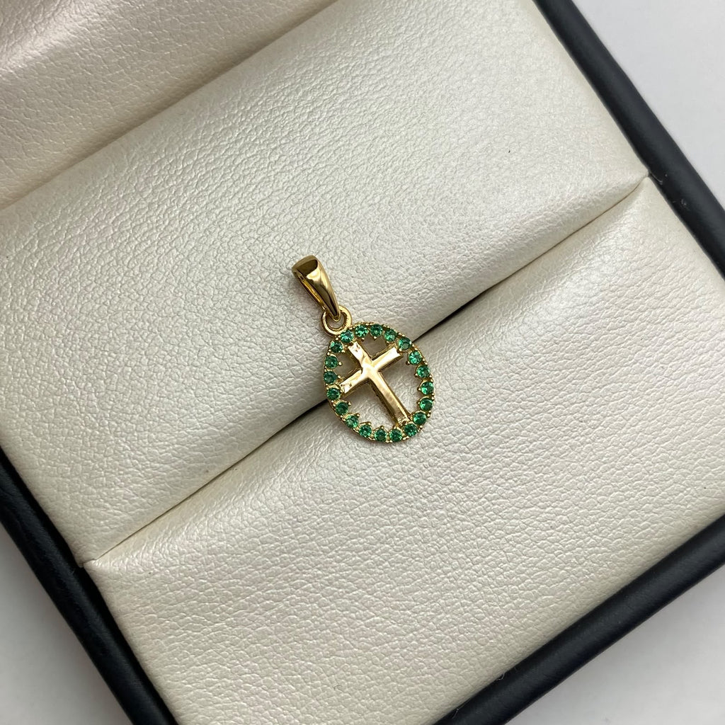 Dije  silueta cruz central circones verdes Oro amarillo 18k 0,65 Gr / 9,35 mm / 2 Cm