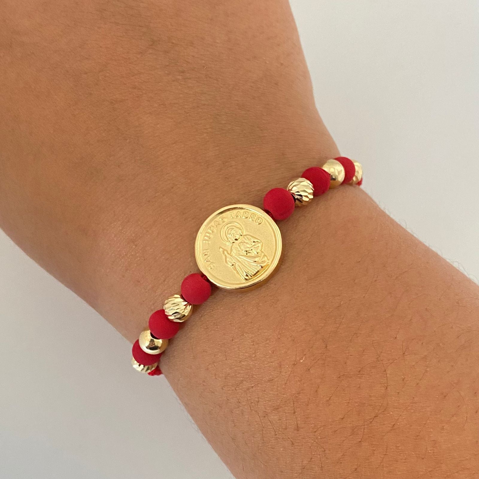 Pulsera tejida herraje san judas tadeo con balines lisos y diamantados #6 Oro amarillo 18k 2,55 Gr