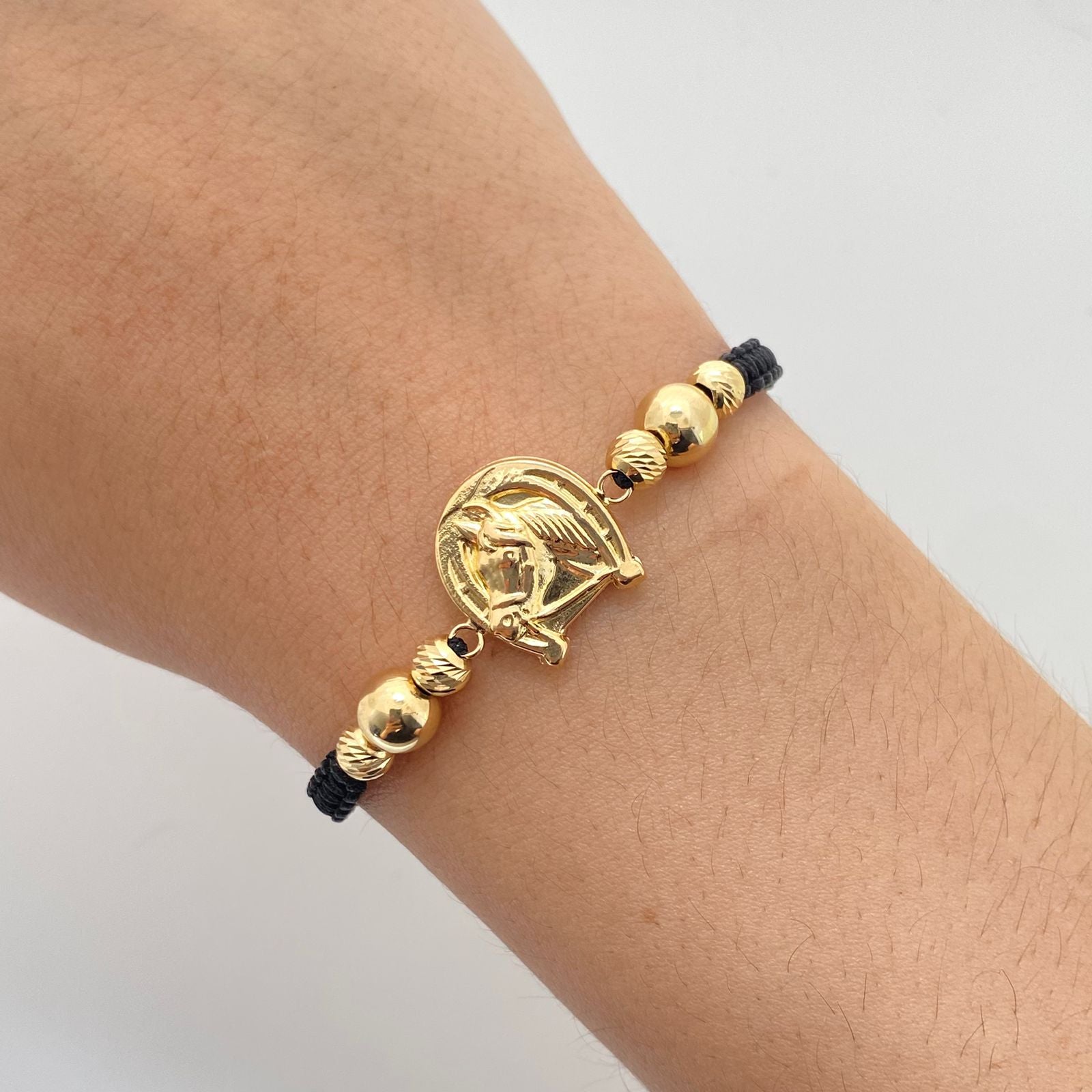Pulsera tejida herraje herradura caballo balines lisos #8 y diamantados #5 oro amarillo 18k 2,6 gr