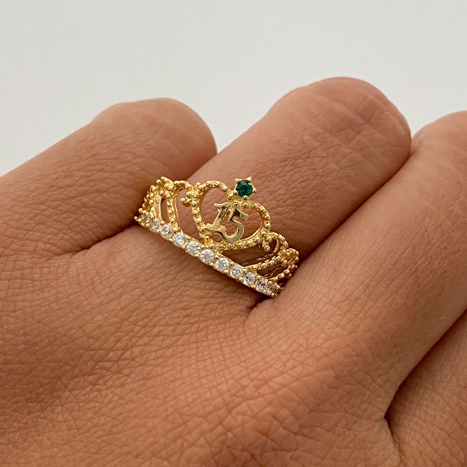 Anillo 15 Corona Casting Blanco y Verde Oro amarillo 18k / Talla 7 / 2,7 Gr