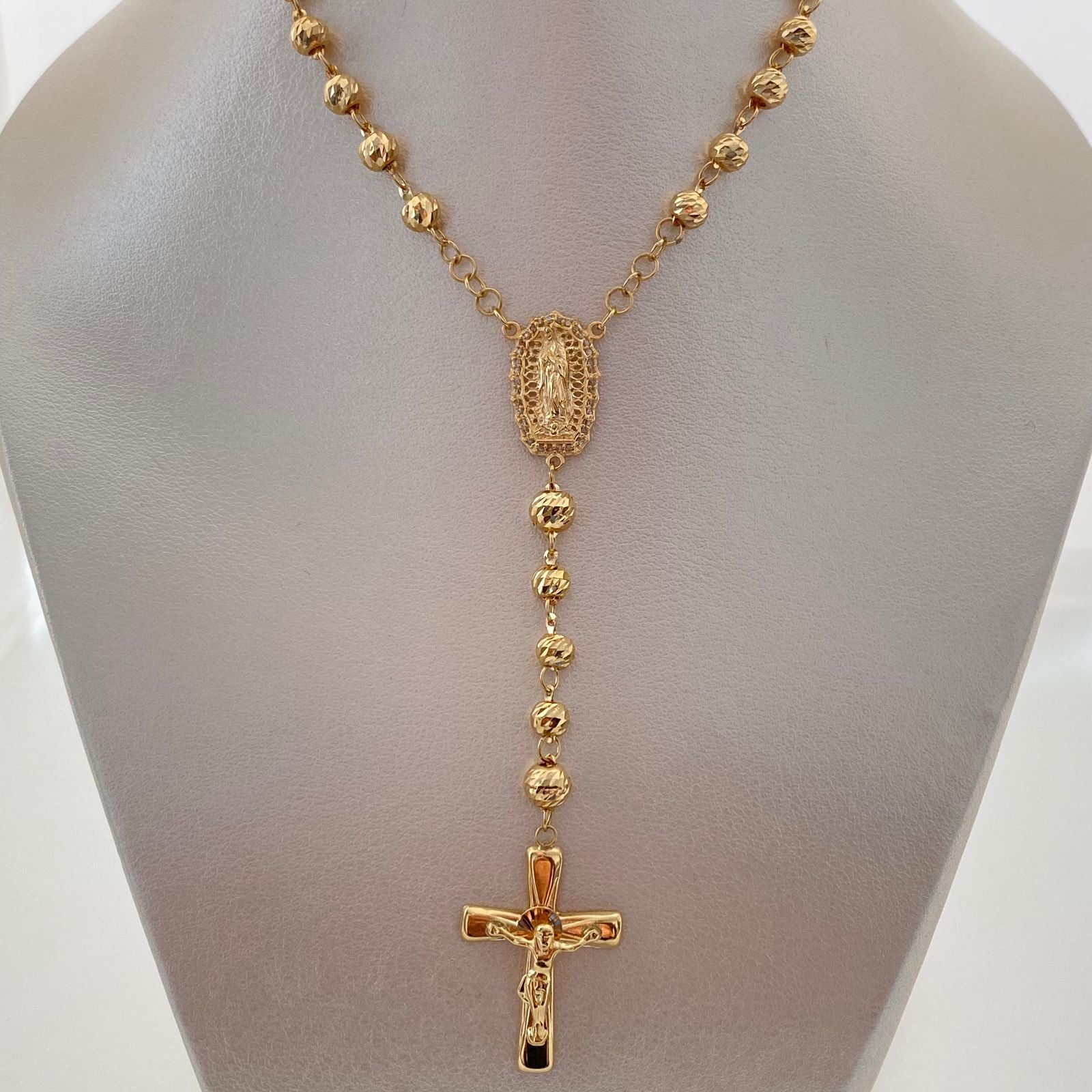 Rosario Bola Diamantada virgen guadalupe Casting Oro amarillo 18k +1 / 14,75 Gr / 5 mm / 60 Cm