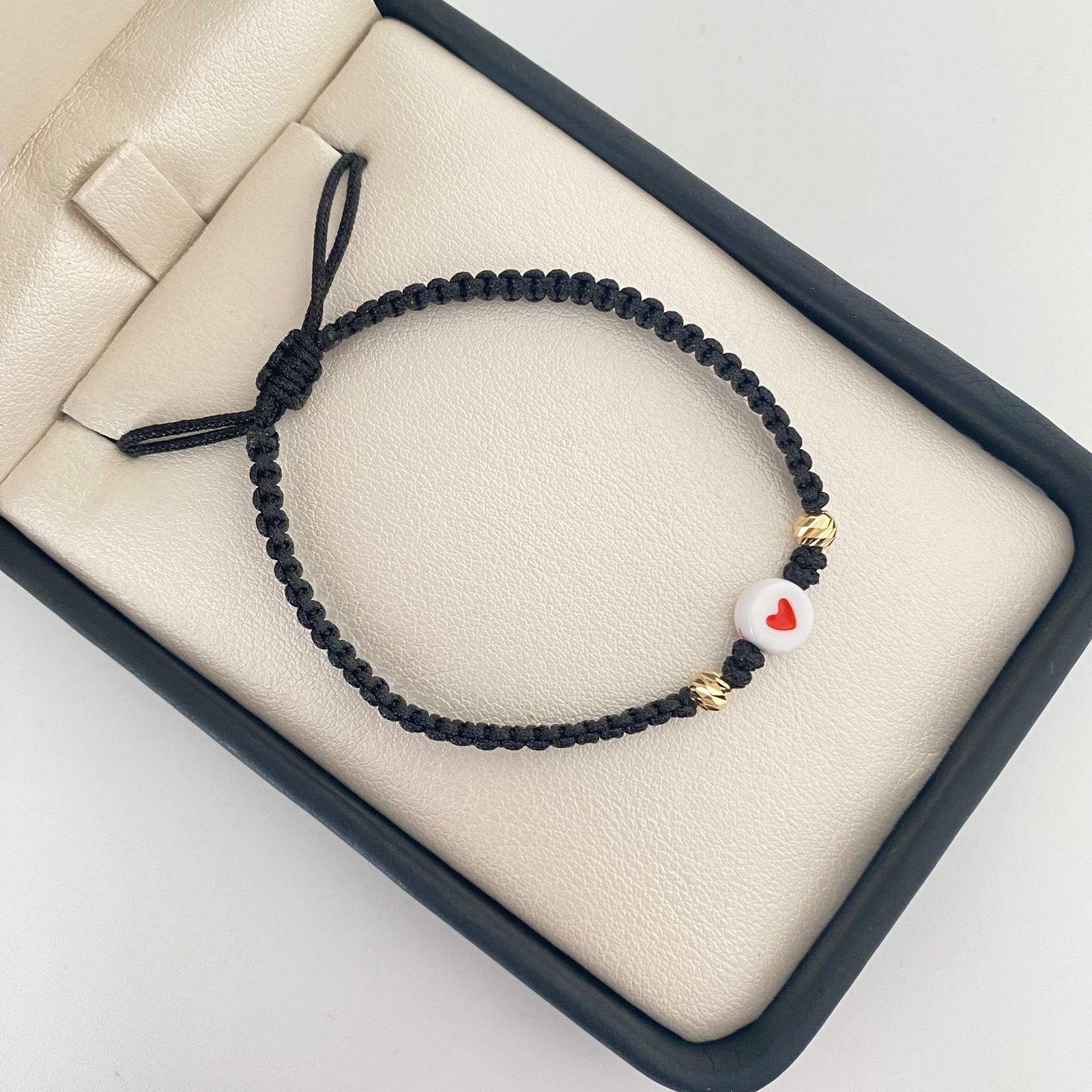 Pulsera tejida con corazon y bolas diamantadas 4mm Oro amarillo 18k 0,2 Gr