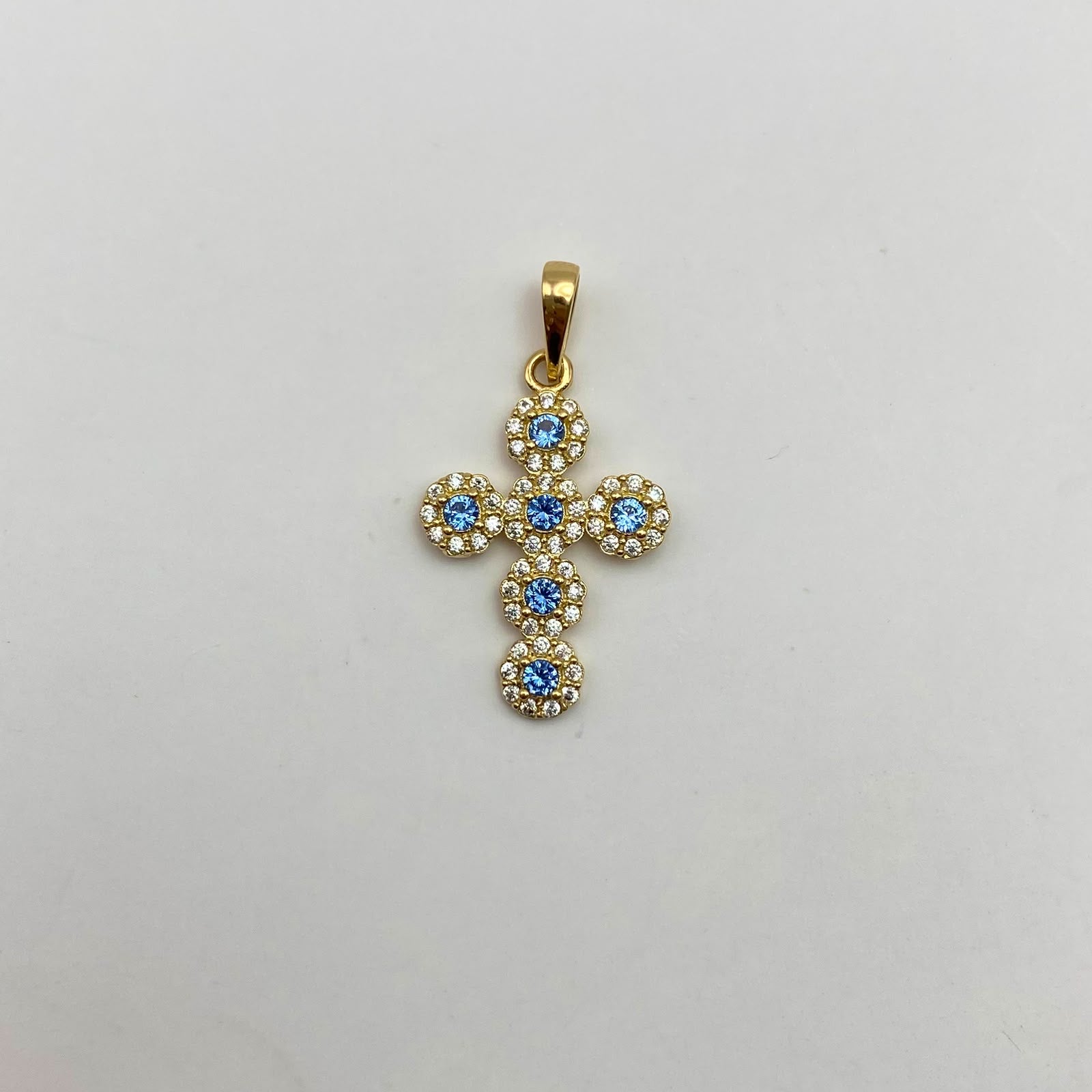 Dije cruz circulos circones azul cieloy blancos Oro amarillo 18k 1,5 Gr / 14,55 mm / 2,5 Cm
