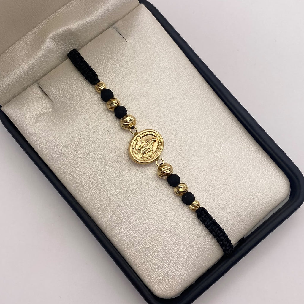 Pulsera tejida Herraje virgen milagrosa+ bolas diamantadas 6,5,4mm Oro amarillo 18k 1,34 Gr