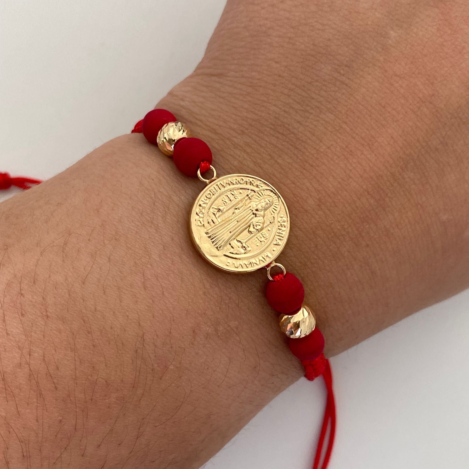 Pulsera tejida Herraje san benito bolas diamantadas 6mm Oro amarillo 18k 0,81 Gr