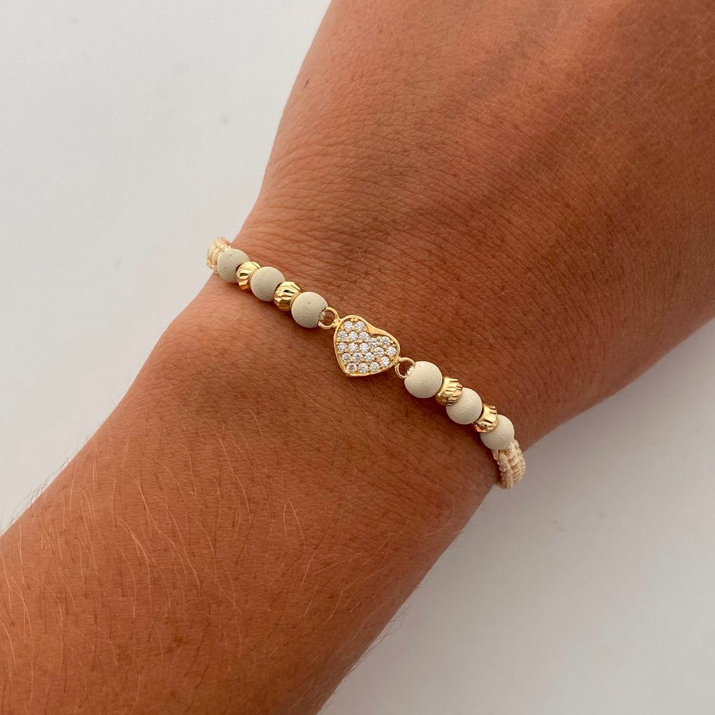 Pulsera tejida Corazon Casting Blanco Bolas diamantadas 4mm Oro amarillo 18k 0,85 Gr
