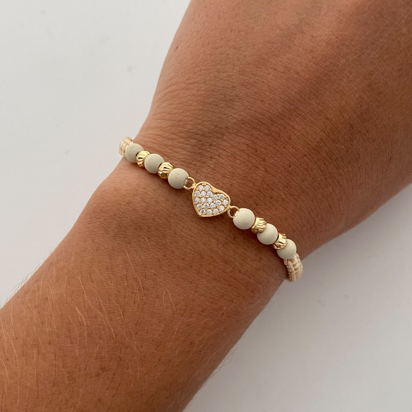Pulsera tejida Corazon Casting Blanco Bolas diamantadas 4mm Oro amarillo 18k 0,85 Gr