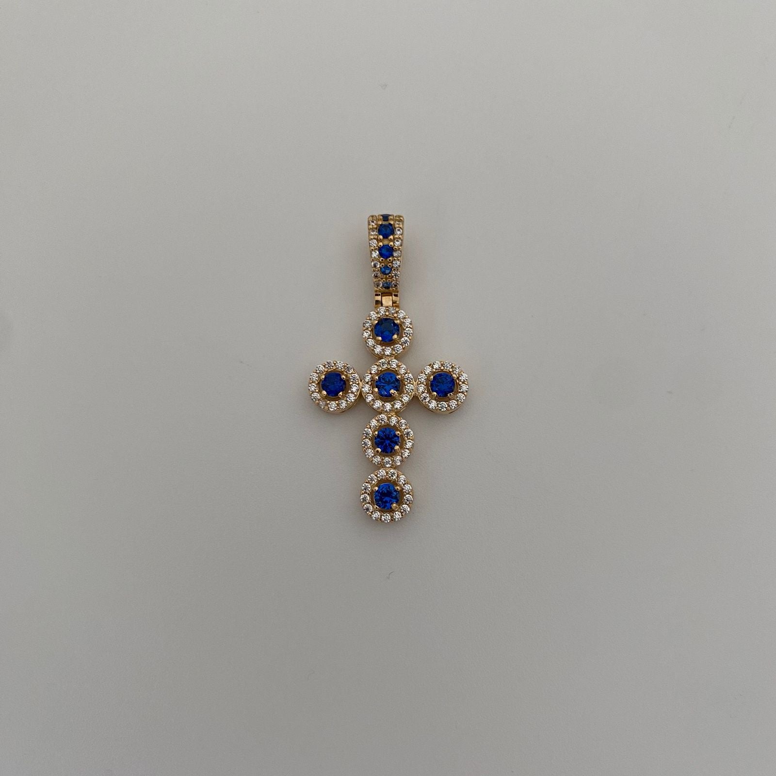 Dije cruz casting fondo azul Oro amarillo 18k 3,6 Gr / 3,5 Cm