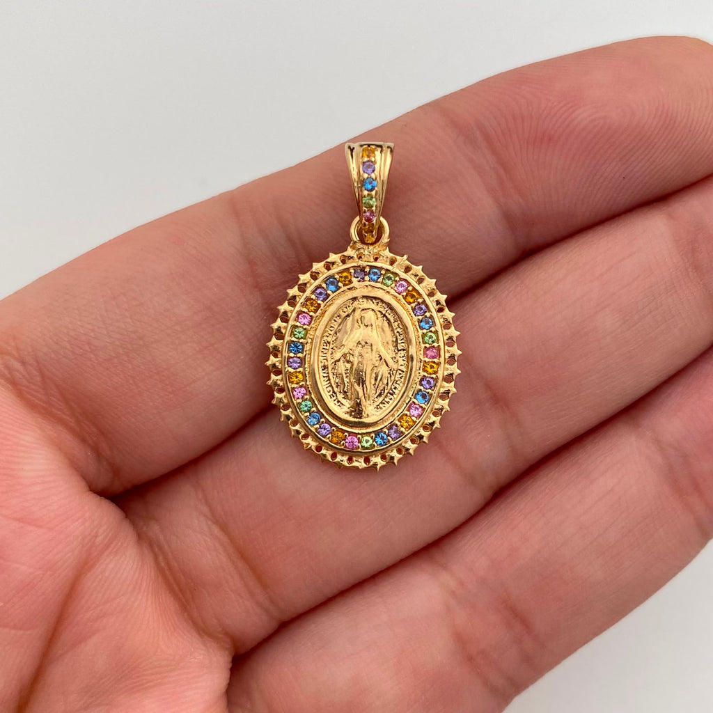 Dije Redondo Casting Multicolor Virgen Milagrosa Oro amarillo 18k 2,55 Gr / 15,9 mm / 2,6 Cm