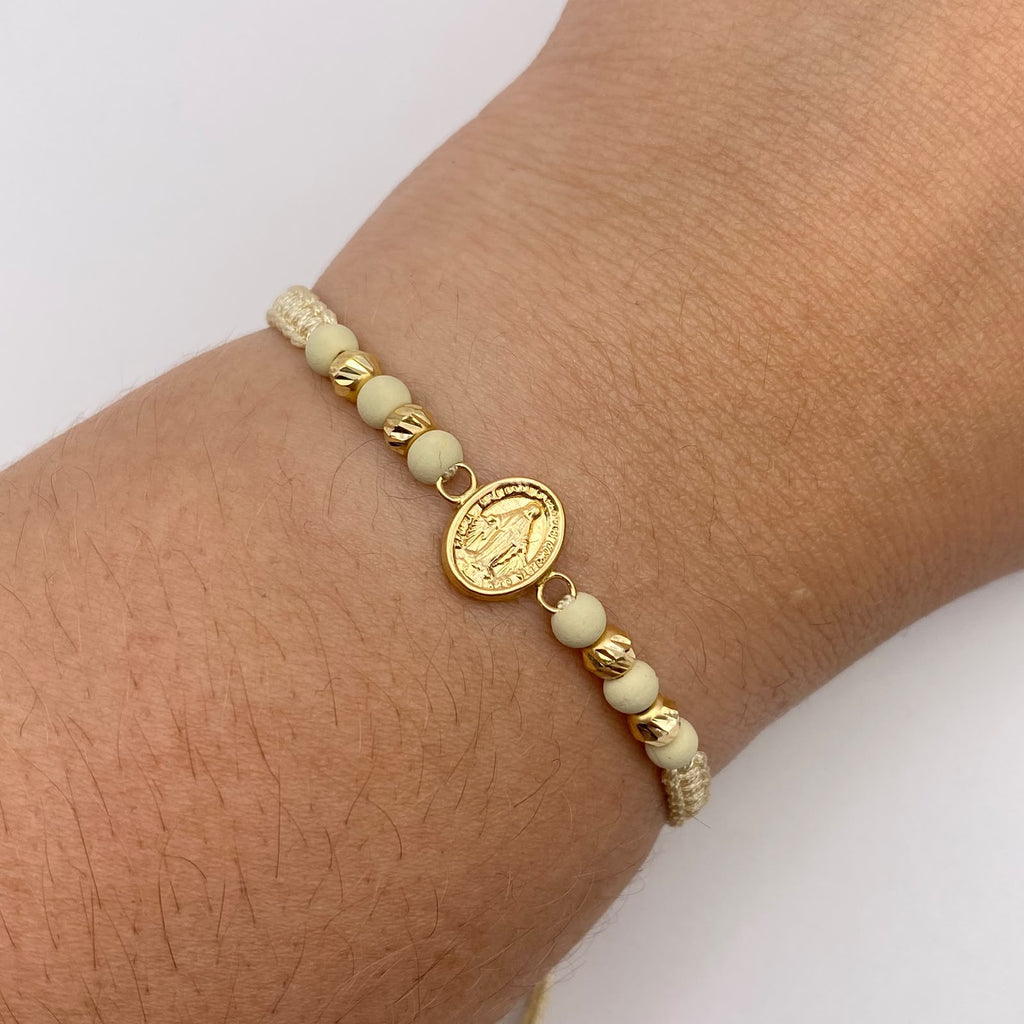Pulsera tejida Herraje virgen milagrosa + bolas diamantadas4mm Oro amarillo 18k 0,7 Gr
