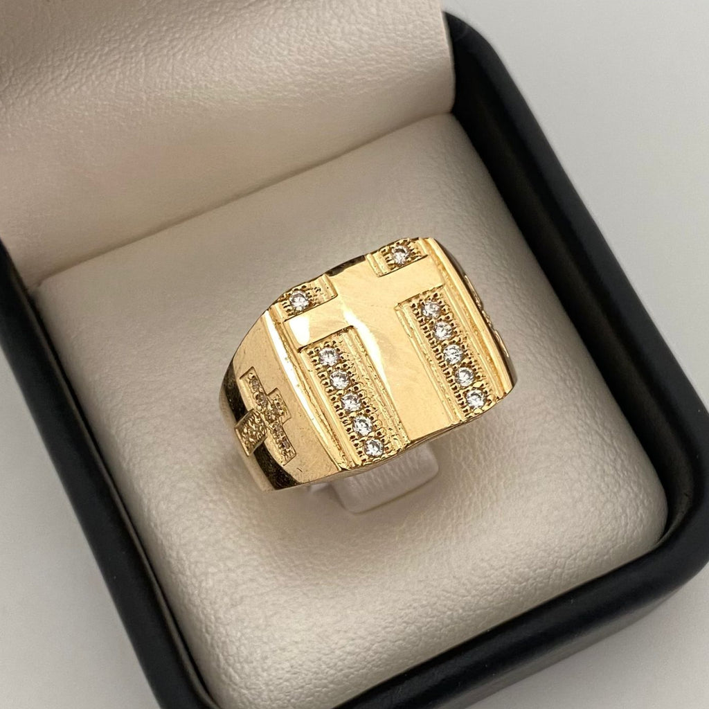 Anillo cruz central y lateral casting blanco Oro amarillo 18k / Talla 10 1/2 / 9,2 Gr