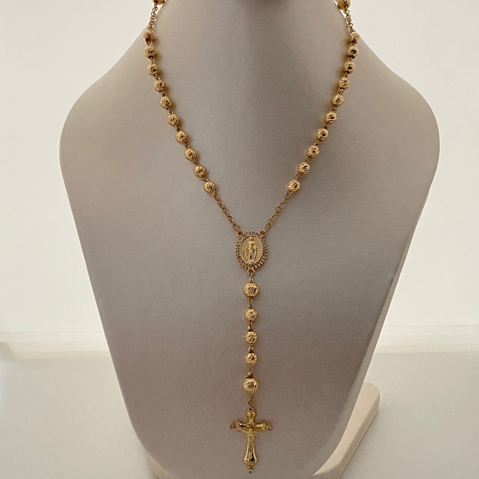 Rosario diamantado con virgen milagrgosa y circones blancos  Oro amarillo 18k 18 Gr / 4,9 mm / 60 Cm