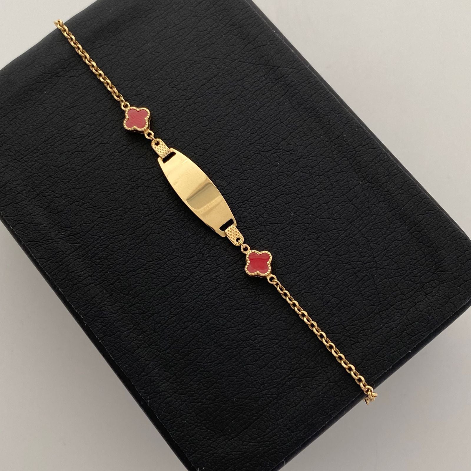 Pulso bebé It Placa 2 trebol v/c rojo Oro amarillo 18k +5 / 1,7 Gr / 15,5 Cm