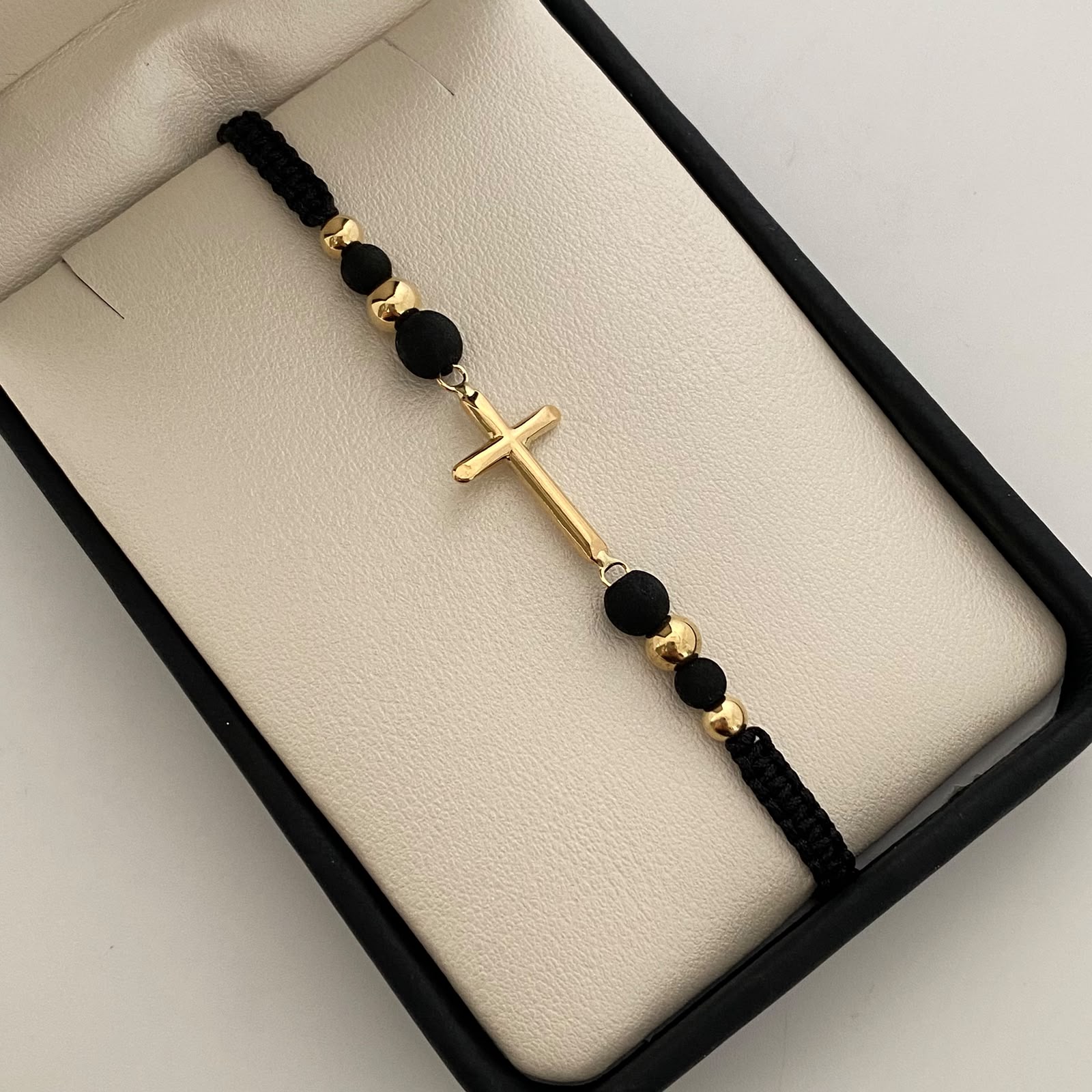 Pulsera tejida Cruz tubular bolas lisas 5mm y 4mm Oro amarillo 18k 1,1 Gr