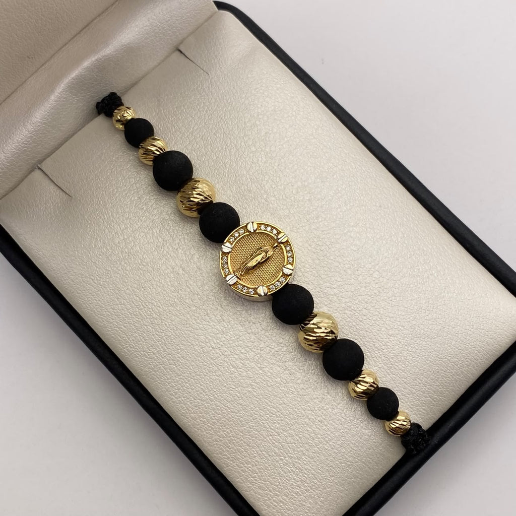 Pulsera tejida Herraje tambor virgen circones blancos bolas diamantadas 8mm,6mm y 5mm Oro amarillo y Oro blanco 18k 4 Gr