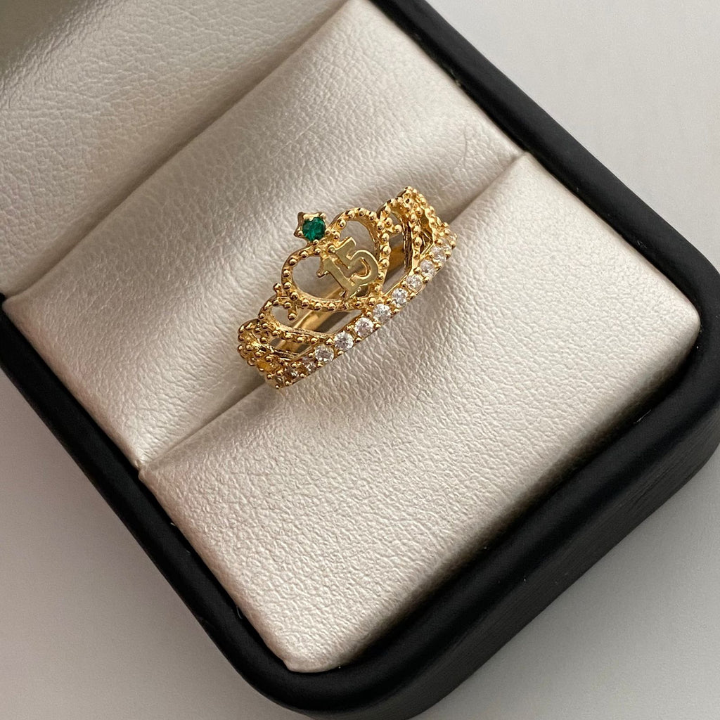Anillo 15 Corona Casting Blanco y Verde Oro amarillo 18k / Talla 7 / 2,7 Gr