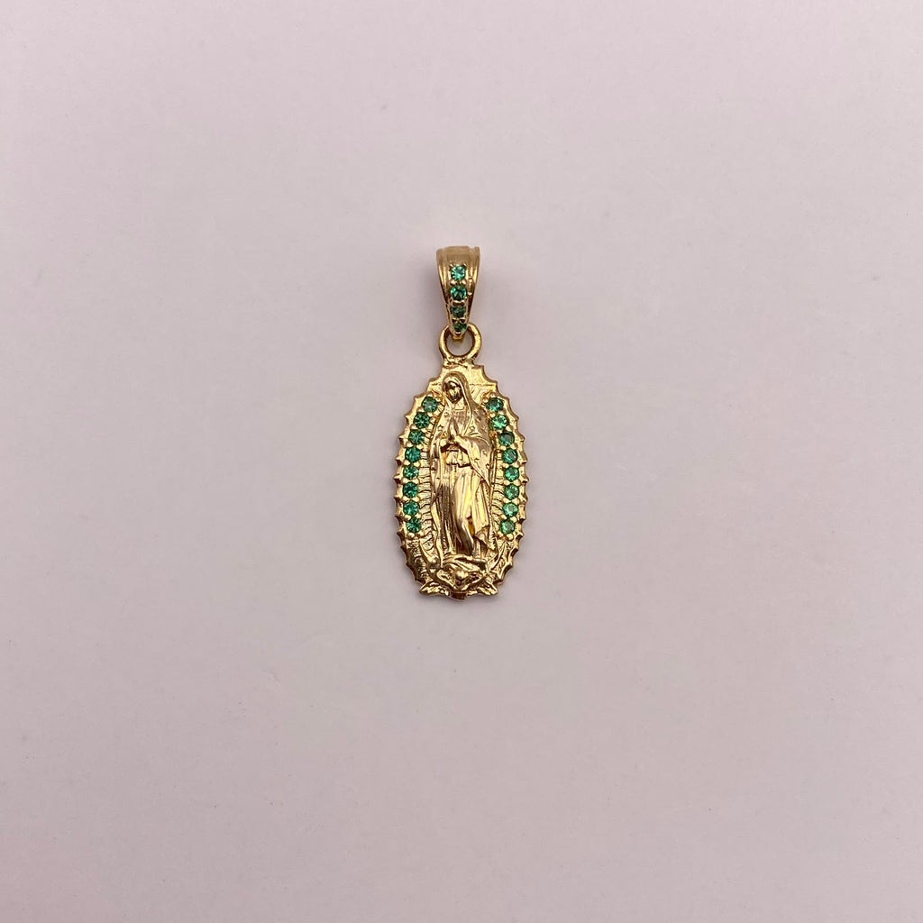 Dije Virgen de guadalupe Circones verdes Oro amarillo 18k 1,2 Gr / 9,2 mm / 2,3 Cm