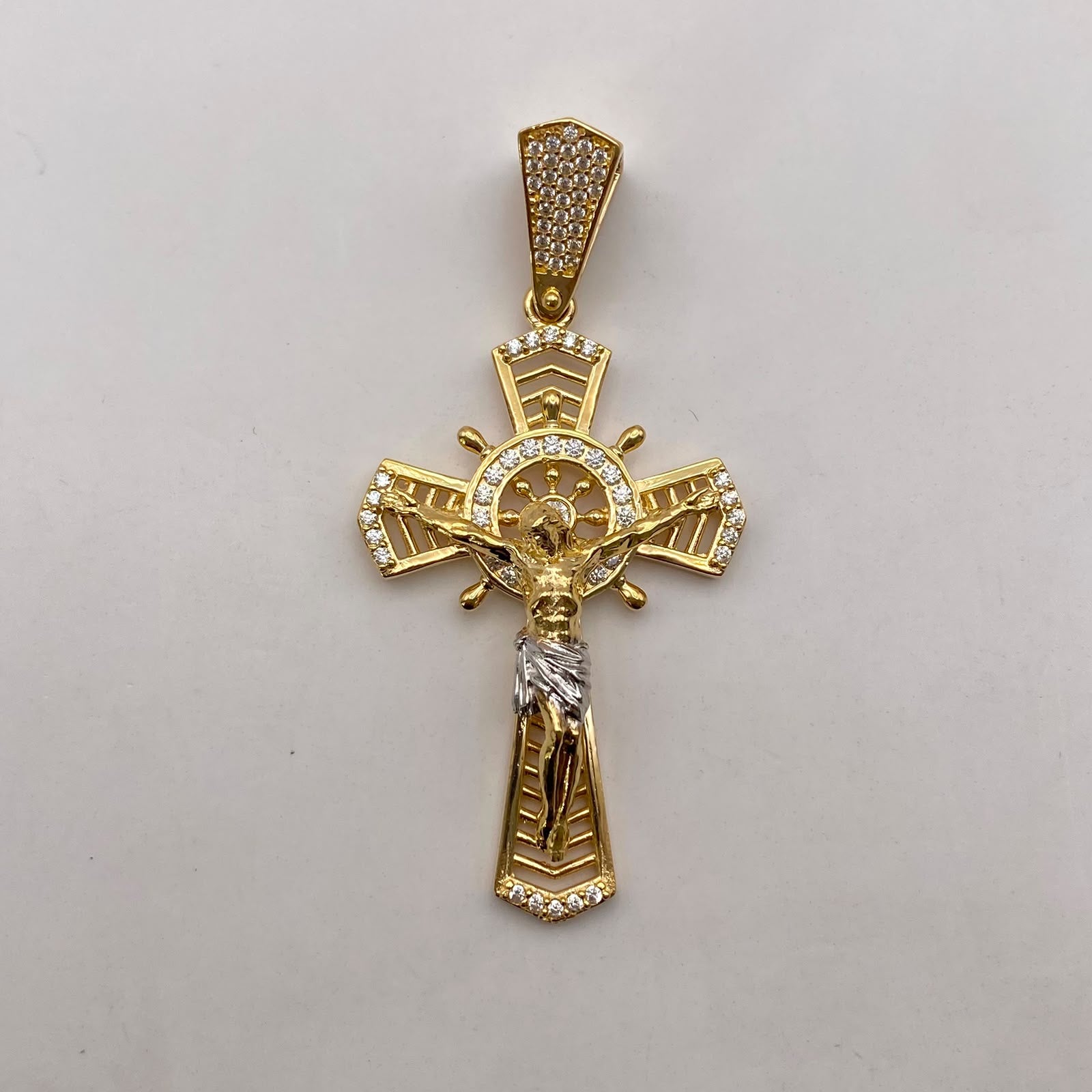Dije cruz cristo timon circones blancos Oro amarillo y Oro blanco 18k 11,20 Gr / 28,73 mm / 6 Cm