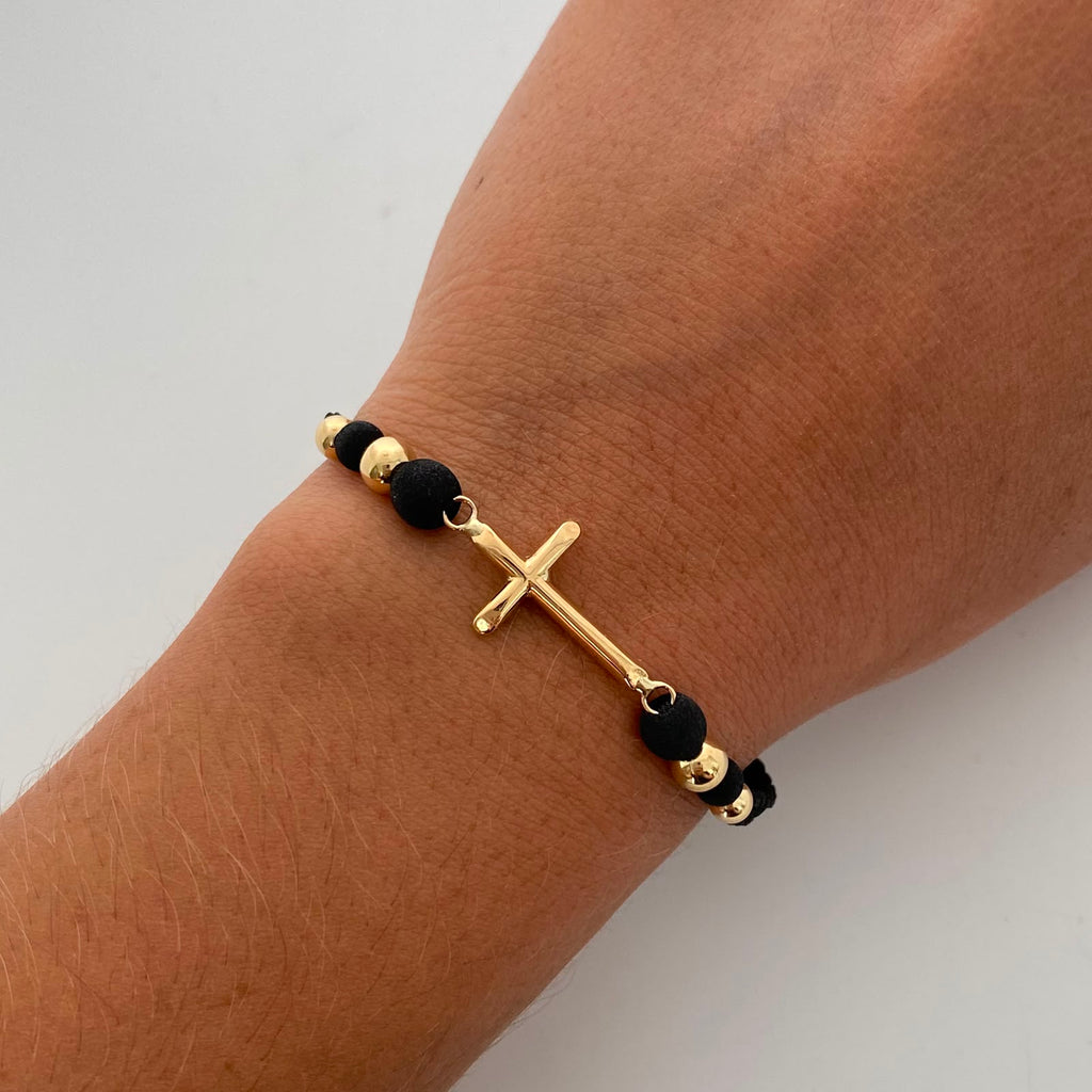Pulsera tejida Cruz tubular bolas lisas 5mm y 4mm Oro amarillo 18k 1,1 Gr