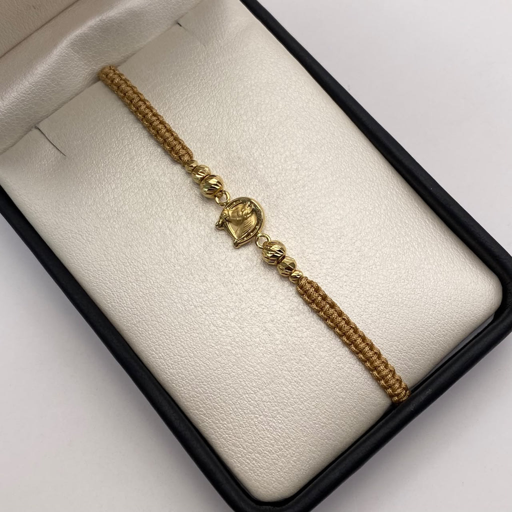 Pulsera tejida Herraje herradura caballo bolas diamantadas 5mm, 4mm y 3mm Oro amarillo 18k 0,90 Gr