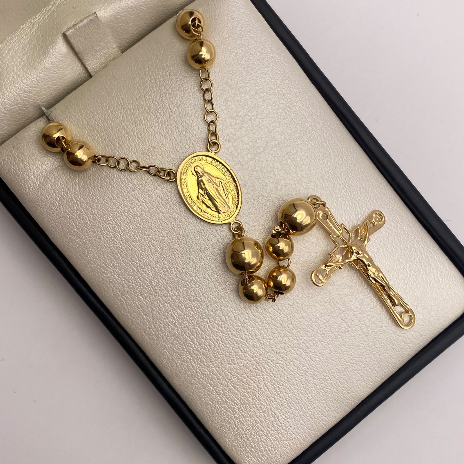 Rosario bola lisa 6 y 8 virgen milagrosa Oro amarillo 18k 25,19 Gr / 60 Cm