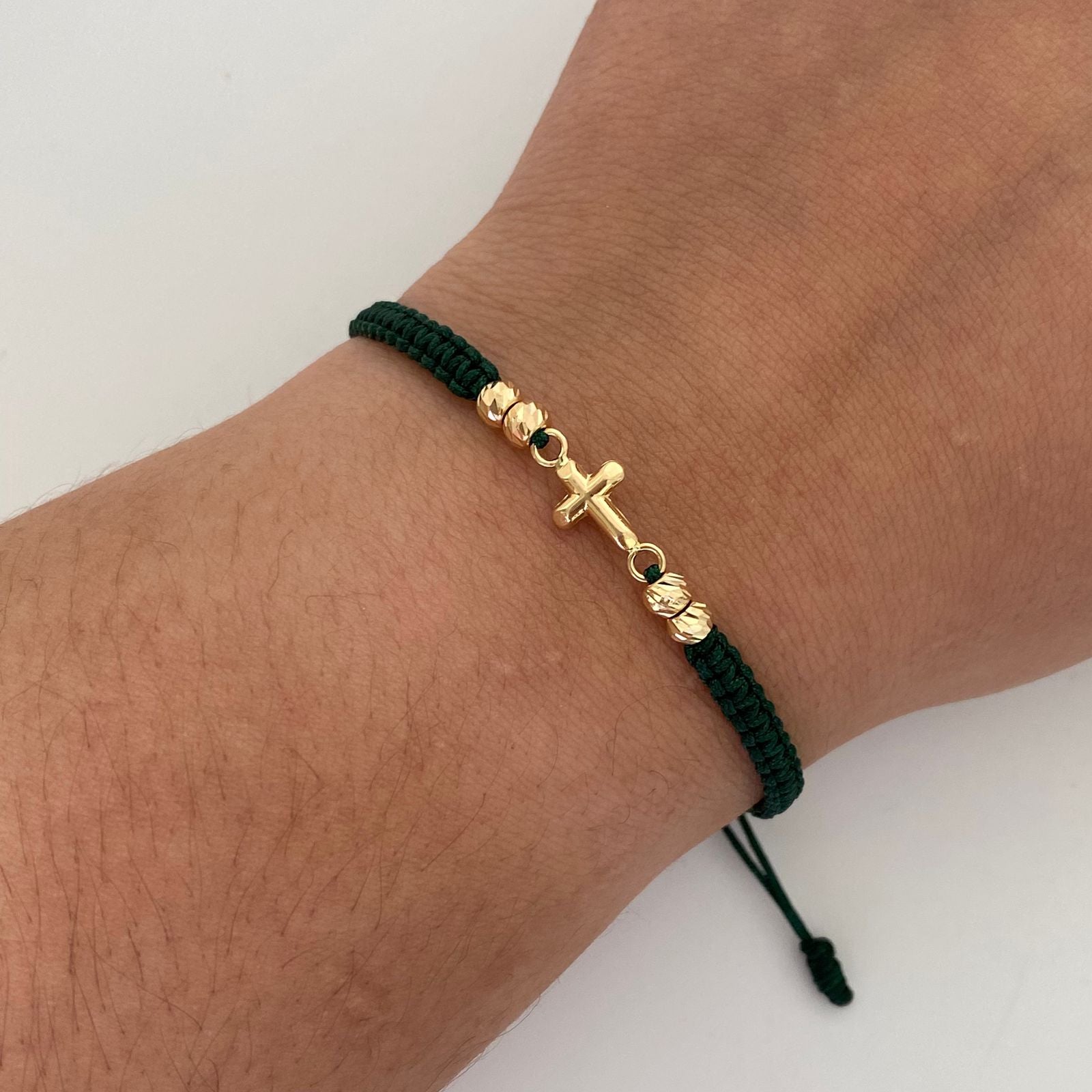 Pulsera tejida Herraje Cruz Bola diamantada 4mm hilo verde Oro amarillo 18k 0,6 Gr