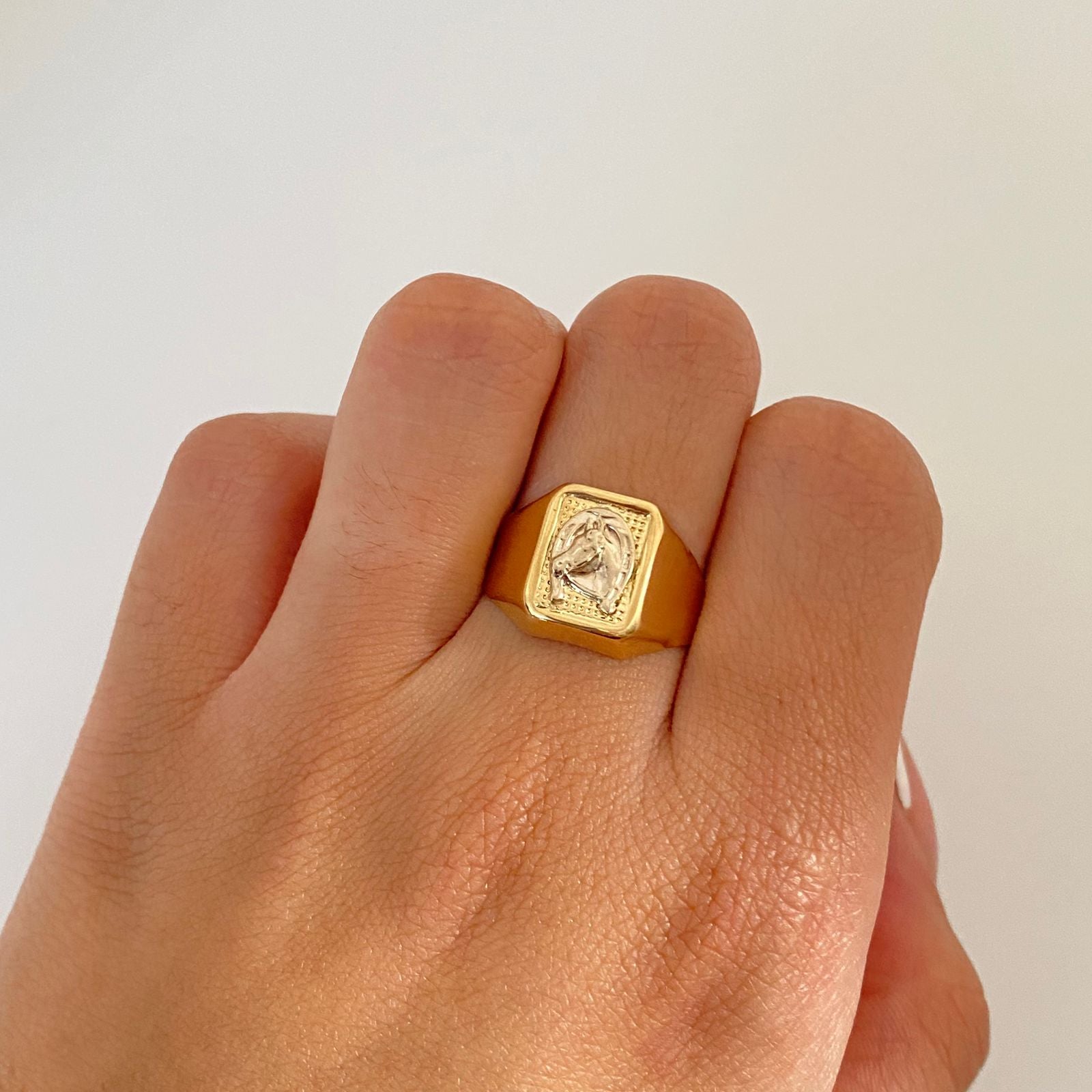 Anillo rectangular troquel grabado herradura caballo Oro amarillo y Oro blanco 18k / Talla 11 3/4 / 3,65 Gr
