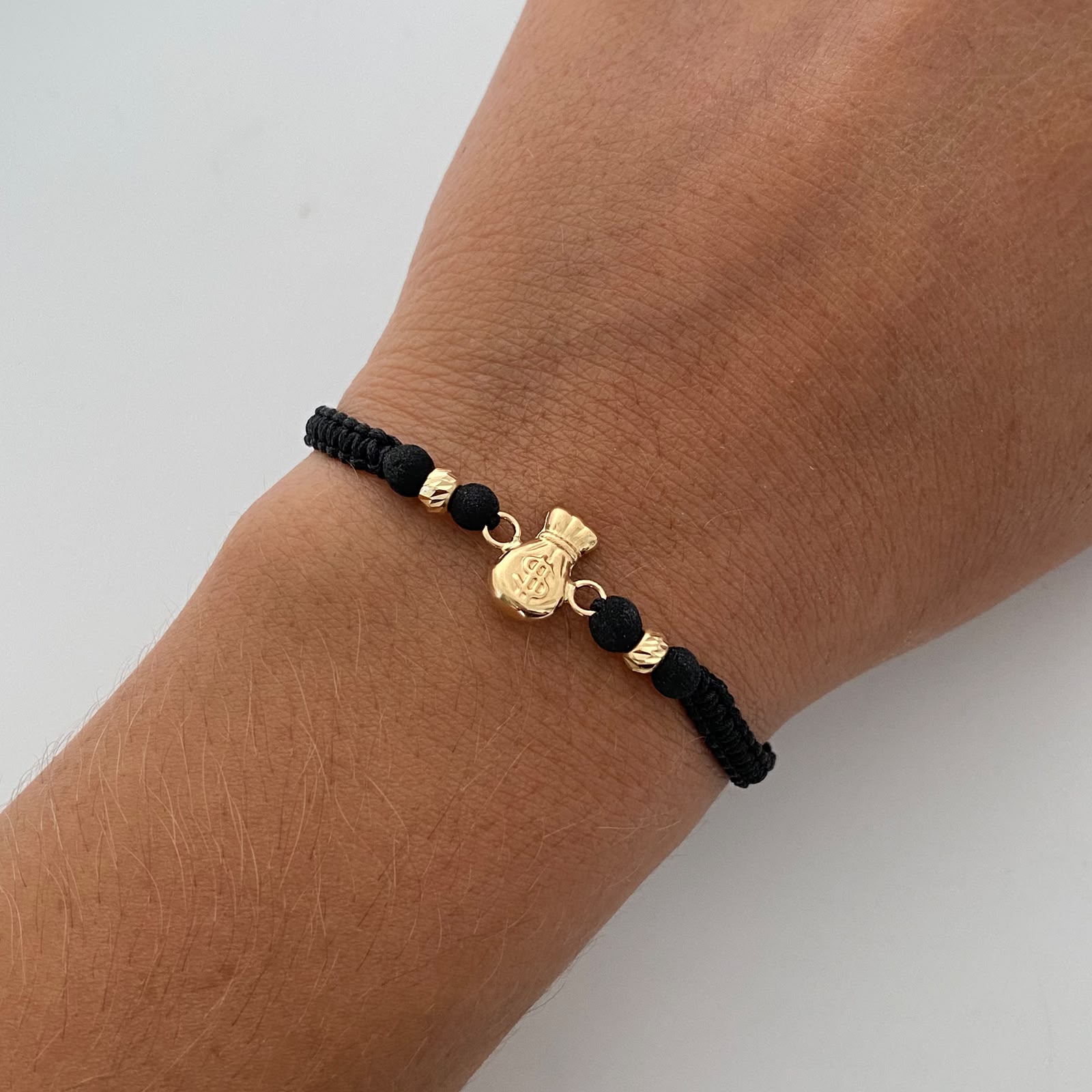 Pulsera tejida Bolsa de valores bolas diamantadas 4mm negro Oro amarillo 18k 0,6 Gr
