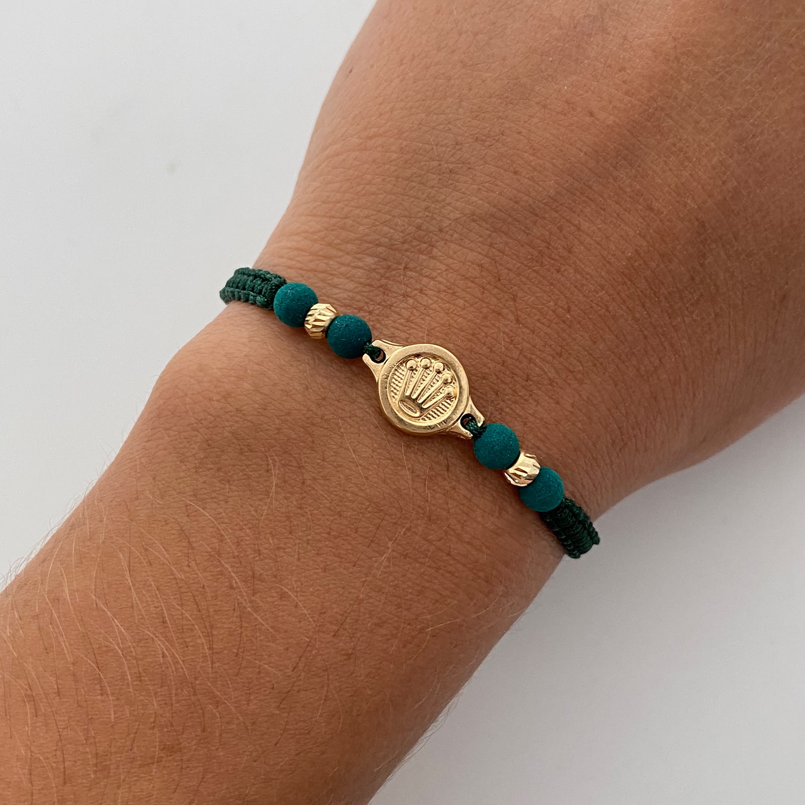 Pulsera tejida Corona Rx bolas diamantadas 4mm verde Oro amarillo 18k 0,8 Gr