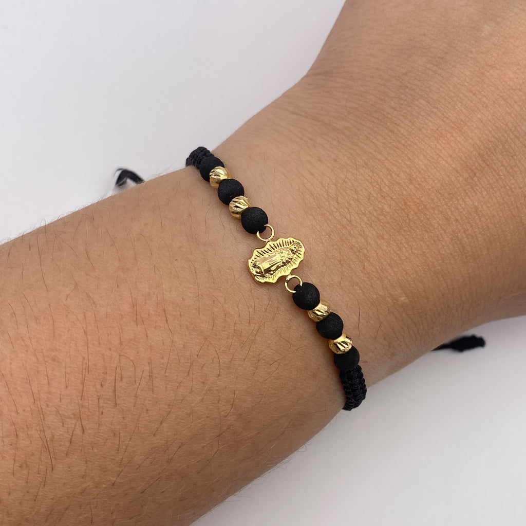 Pulsera tejida Herraje virgen de guadalupe silueta +bolas diamantadas 4mm Oro amarillo 18k 0,6 Gr