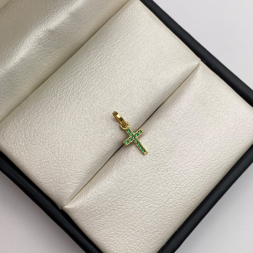 Dije mini cruz circones verdes Oro amarillo 18k 0,4 Gr / 6,85 mm / 1,5 Cm