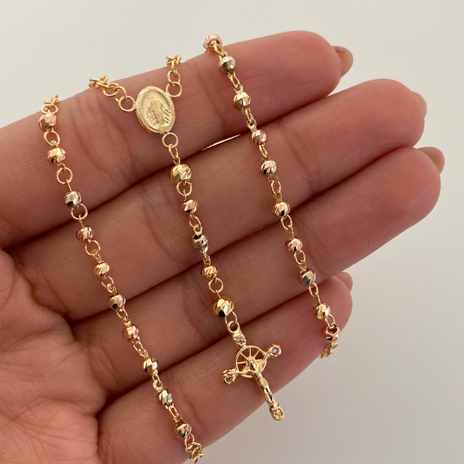 Rosario Virgen Milagrosa Cruz Circon Tres oros 18k 7,80 Gr / 3,4 mm / 50 Cm Broche 0,30