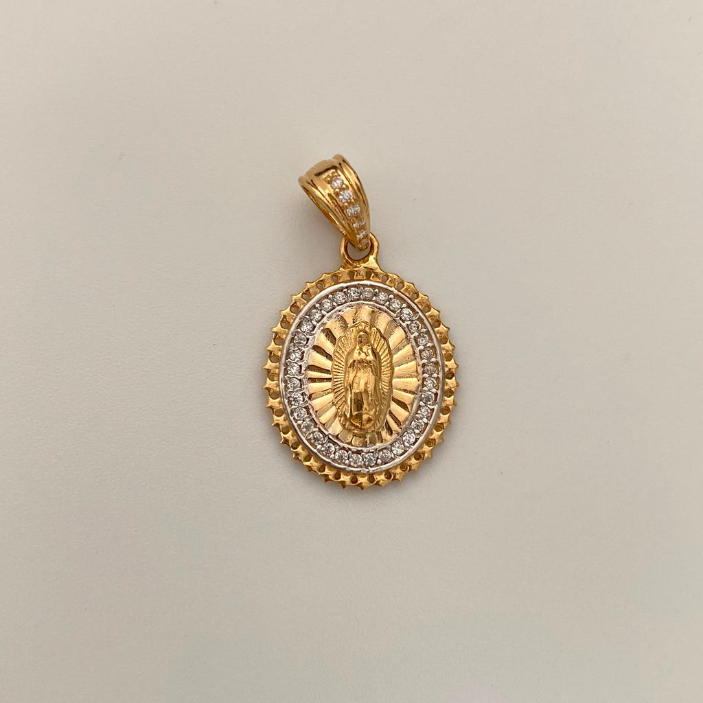 Dije Redondo Casting Virgen de Guadalupe Oro amarillo y Oro blanco 18k 2,9 Gr / 15,9 mm / 2,6 Cm