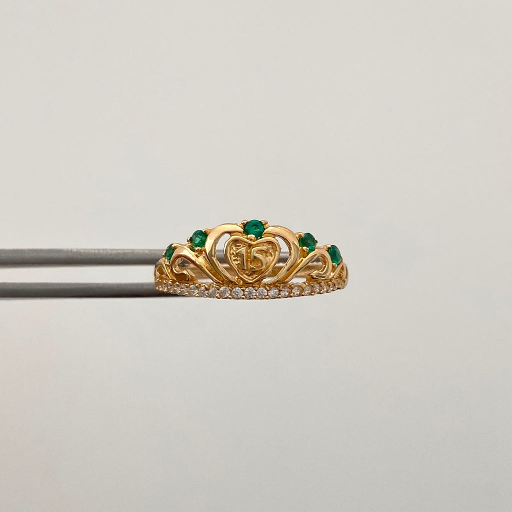 Anillo 15 Castin Verde y Blanco Oro amarillo 18k / Talla 7 / 2,15 Gr