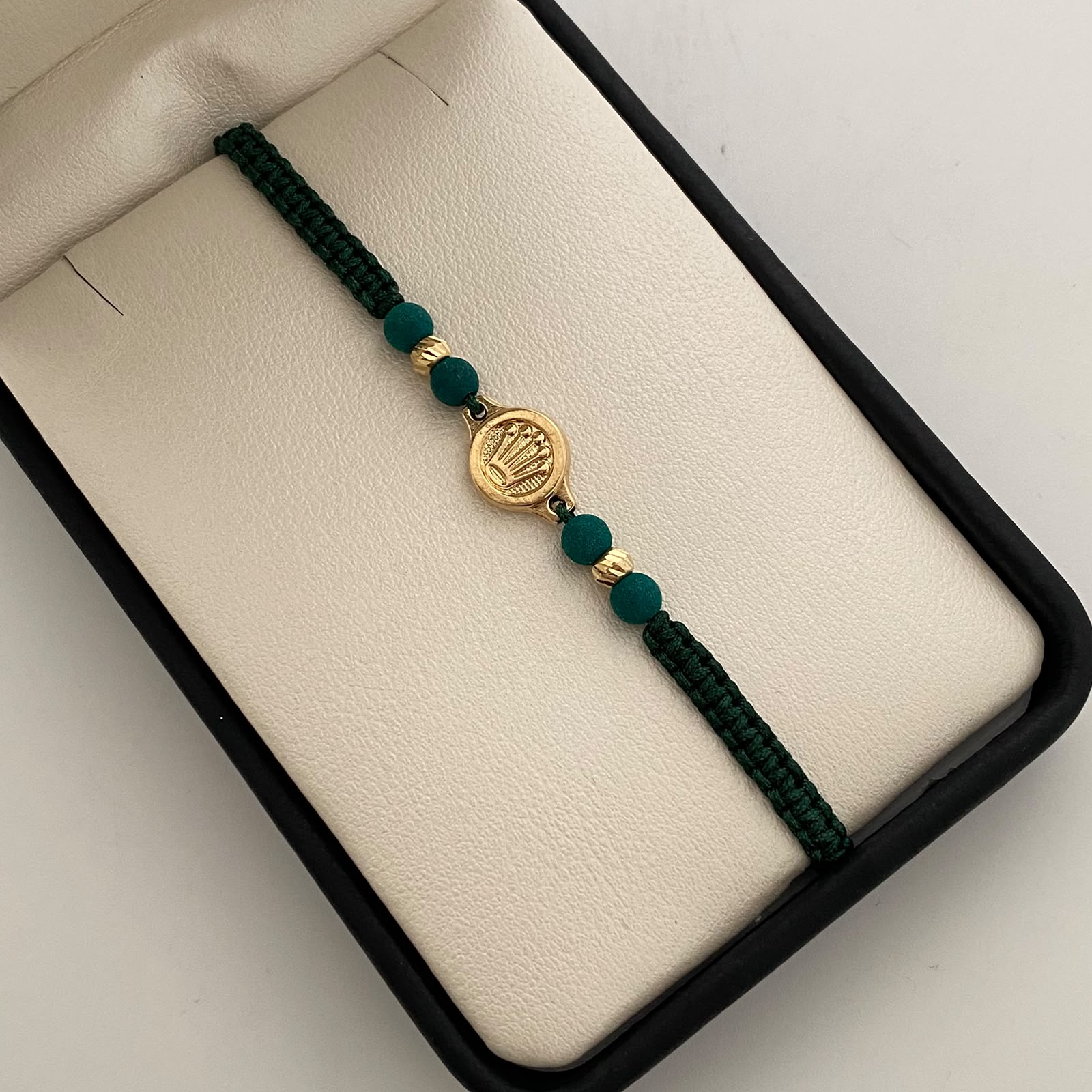 Pulsera tejida Corona Rx bolas diamantadas 4mm verde Oro amarillo 18k 0,8 Gr