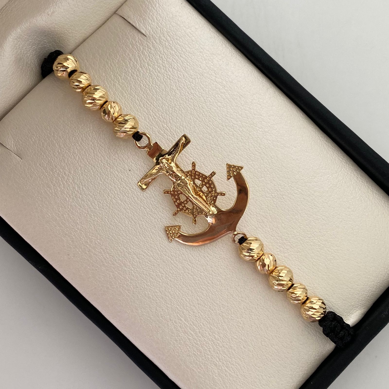 Pulsera tejida Herraje Ancla bolas diamantadas 5 y 6 mm Oro amarillo 18k 3,8 Gr