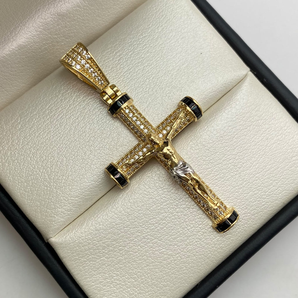 Dije cruz cristo circones blancos y negros Oro amarillo y Oro blanco 18k 7,75 Gr / 25,55 mm / 5,5 Cm