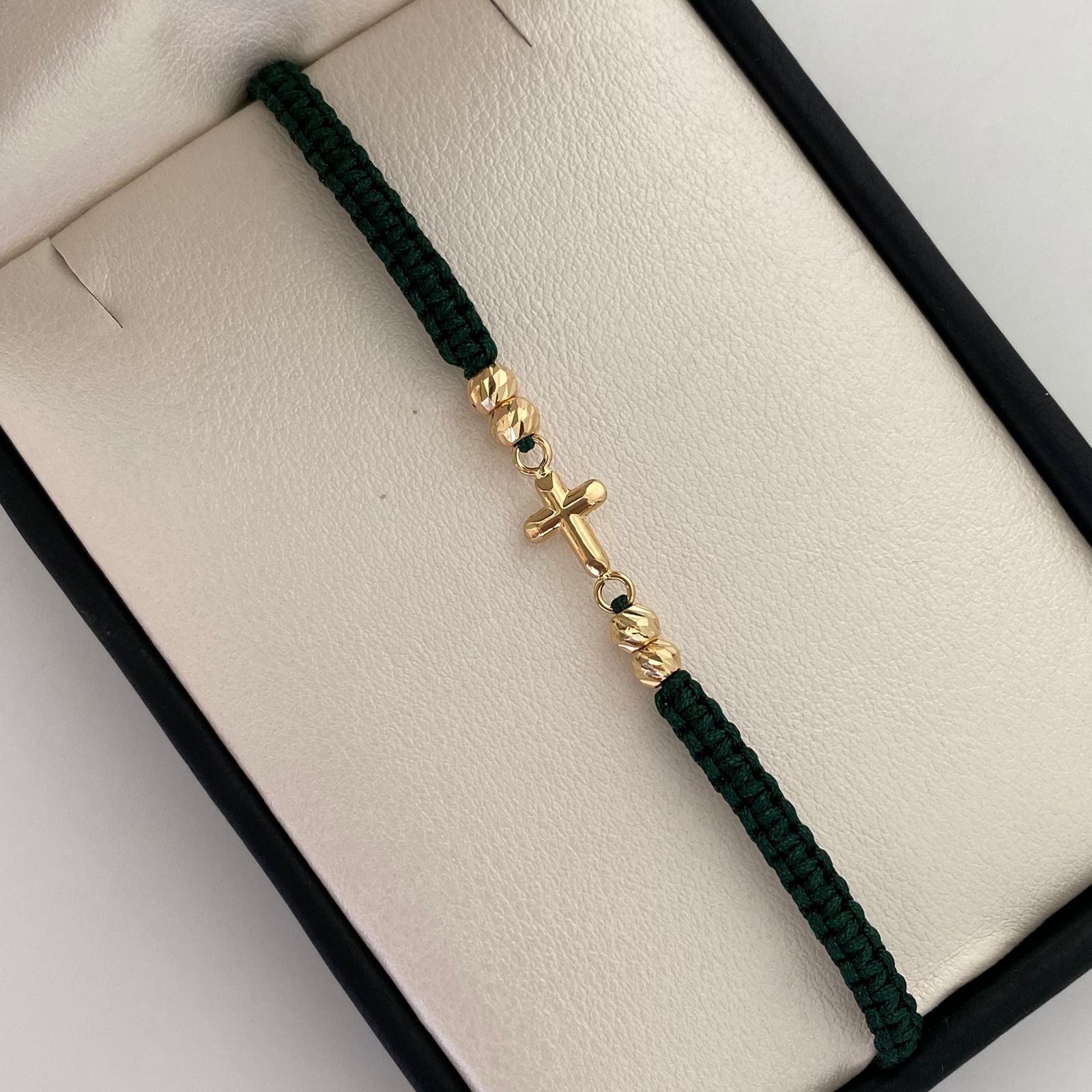 Pulsera tejida Herraje Cruz Bola diamantada 4mm hilo verde Oro amarillo 18k 0,6 Gr