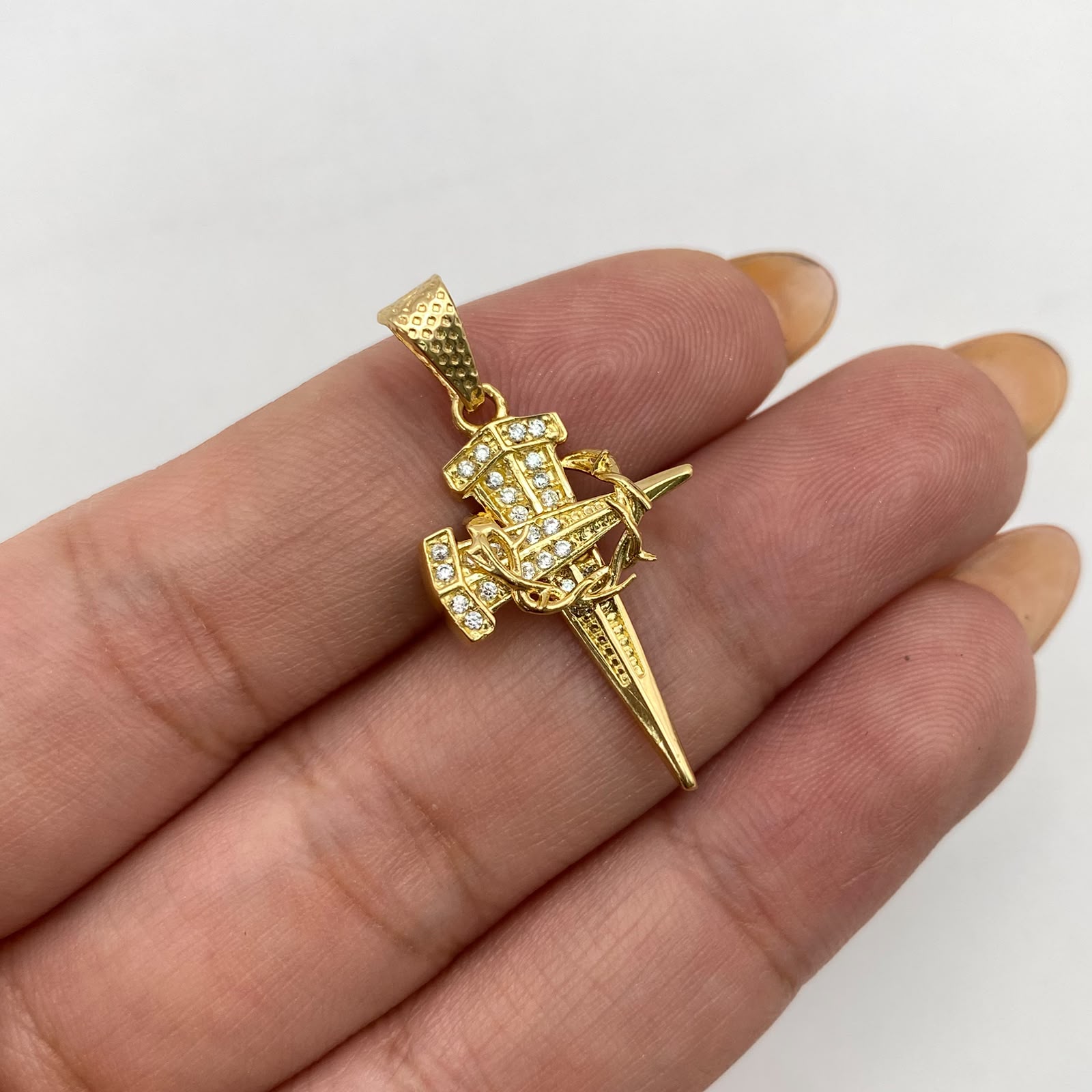 Dije cruz clavo corona de espinas blanca Oro amarillo 2,8 Gr / 3,2 Cm