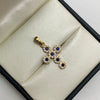 Dije cruz circulos circones azul oscuro y blancos Oro amarillo 18k 2,20 Gr / 16,6 mm / 3 Cm