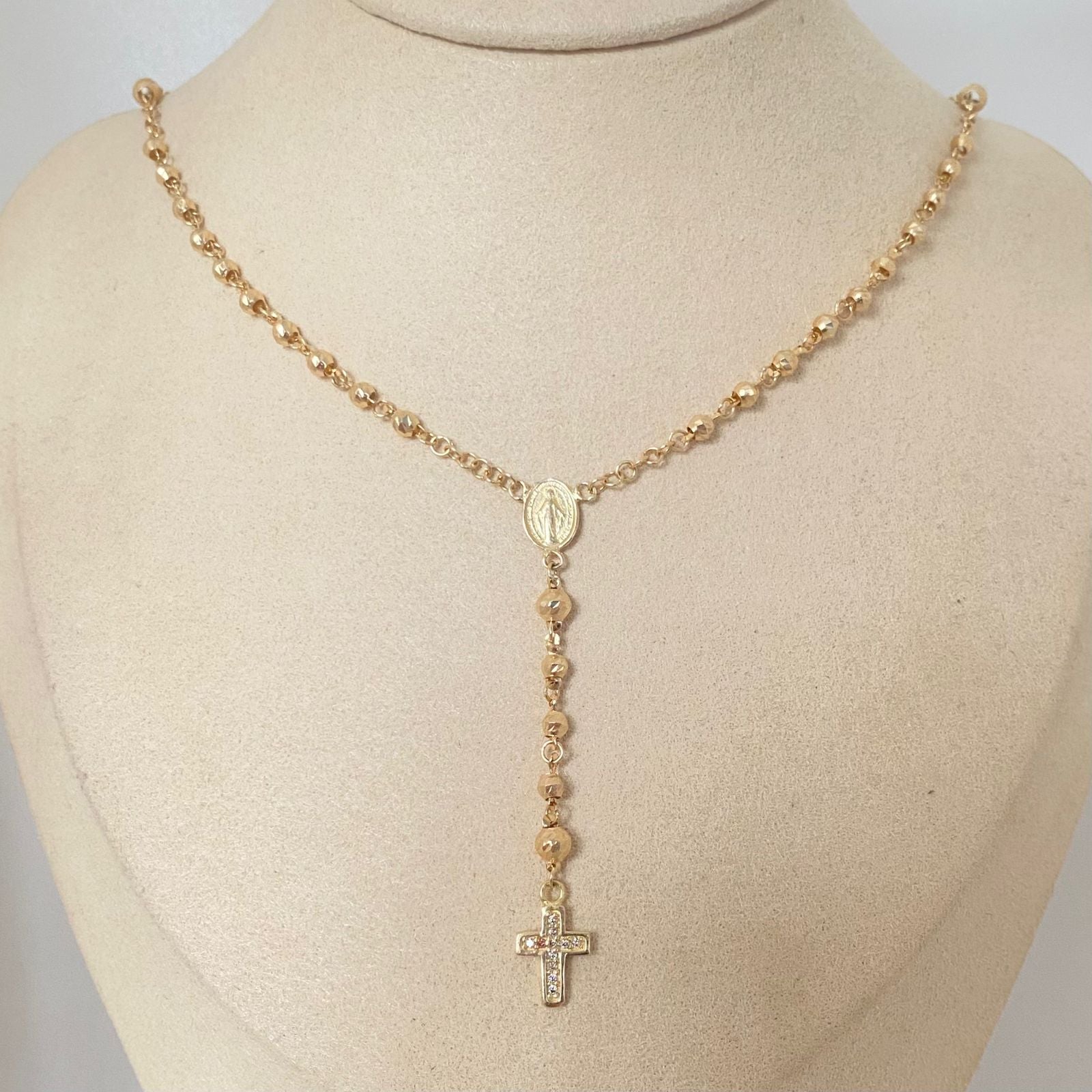 Rosario virgen milagrosa cruz casting balines diamantados Oro amarillo 18k 7,10 Gr / 3,0 mm / 50 Cm Broche 0,40