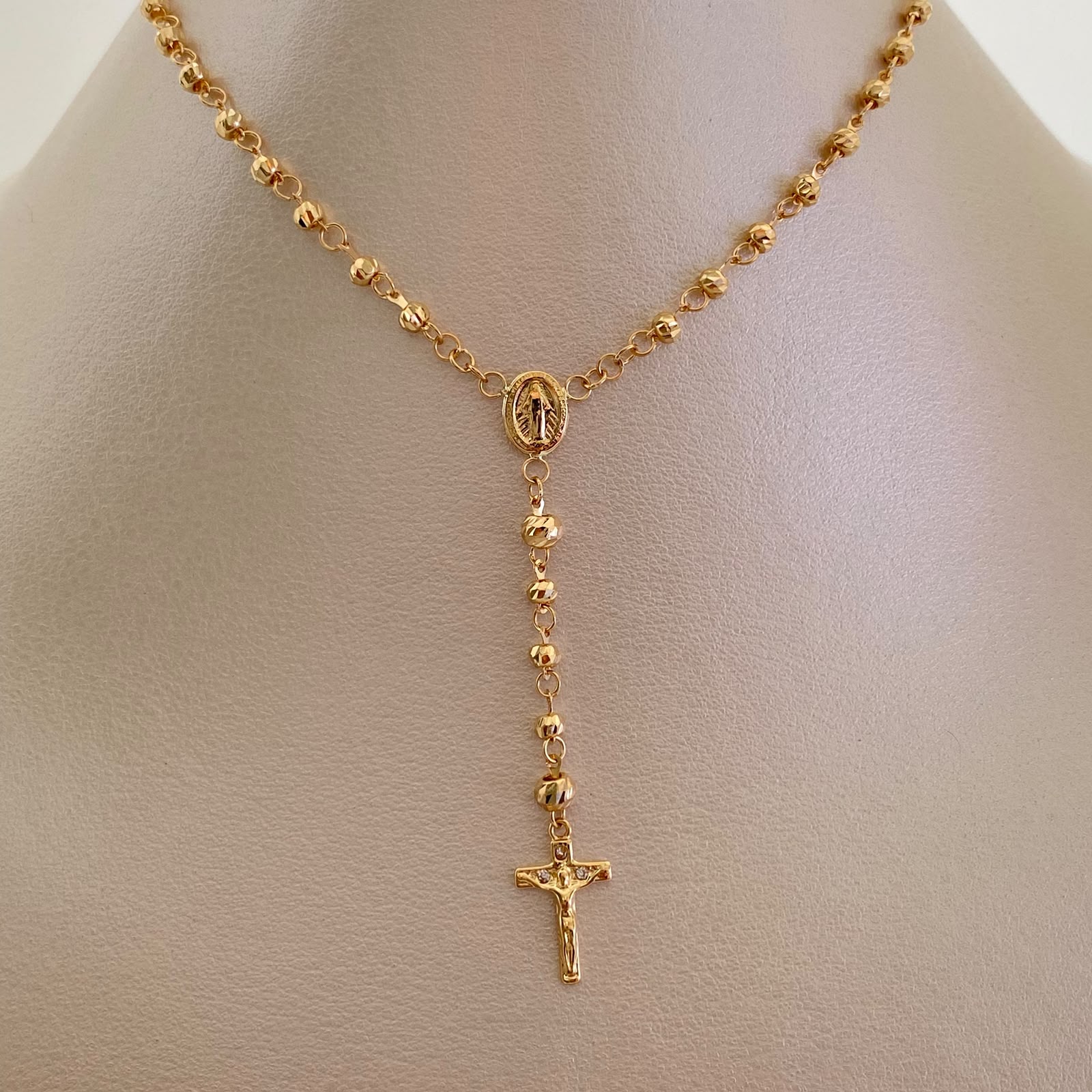 Rosario Virgen Milagrosa Cruz Circon Oro amarillo 18k 7,50 Gr / 3,2 mm / 50 Cm Broche 0,30