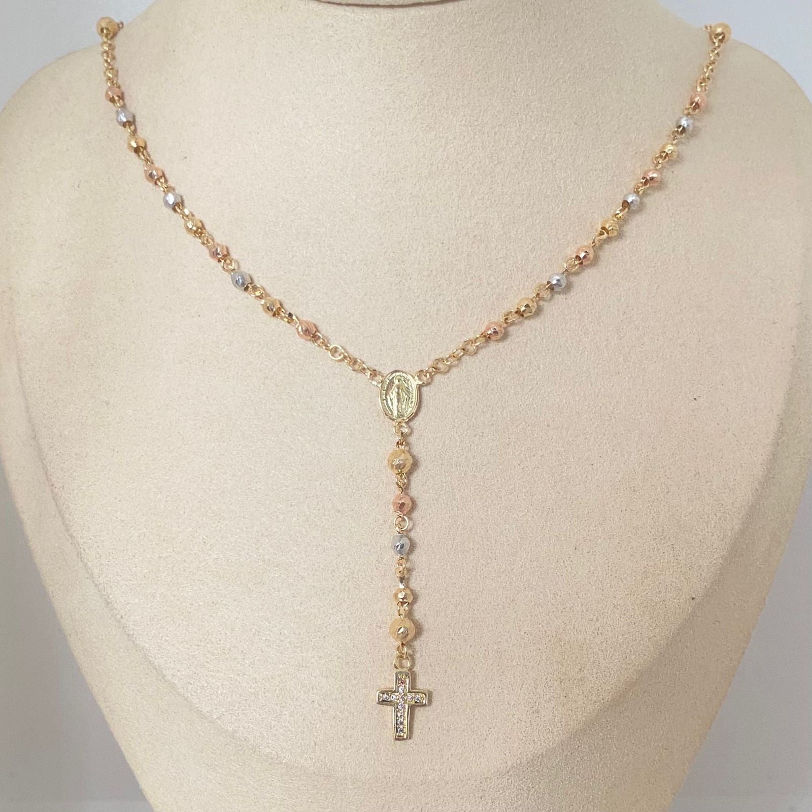Rosario virgen milagrosa cruz casting balines diamantados Tres oros 18k 7,80 Gr / 3,0 mm / 55 Cm Broche 0,40