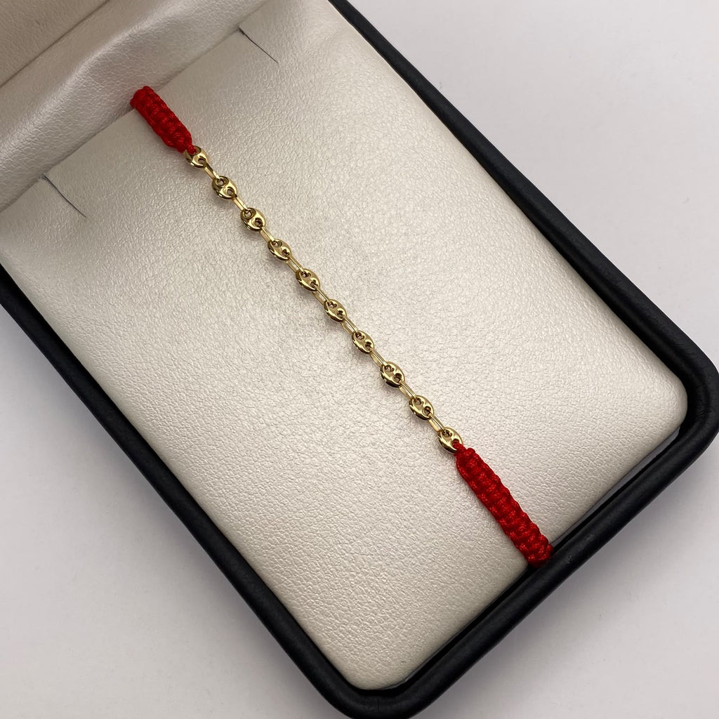Pulsera tejida Eslabones Gc hilo rojo  Oro amarillo 18k 0,5 Gr