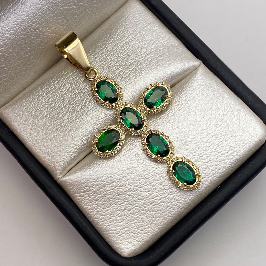 Dije Cruz circones verdes Oro amarillo 18k 3,44 Gr / 22,9 mm / 4,5 Cm
