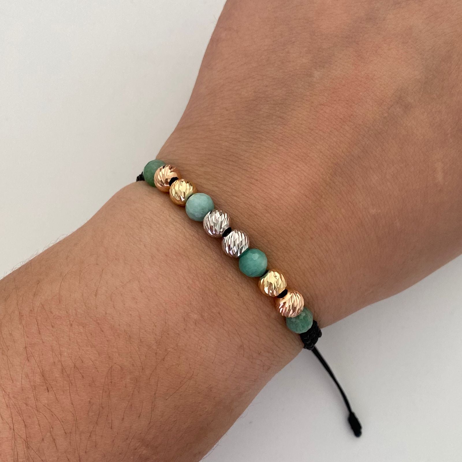 Pulsera tejida Bolas diamantadas 6mm+ morrallas Tres oros 18k 1,15 Gr