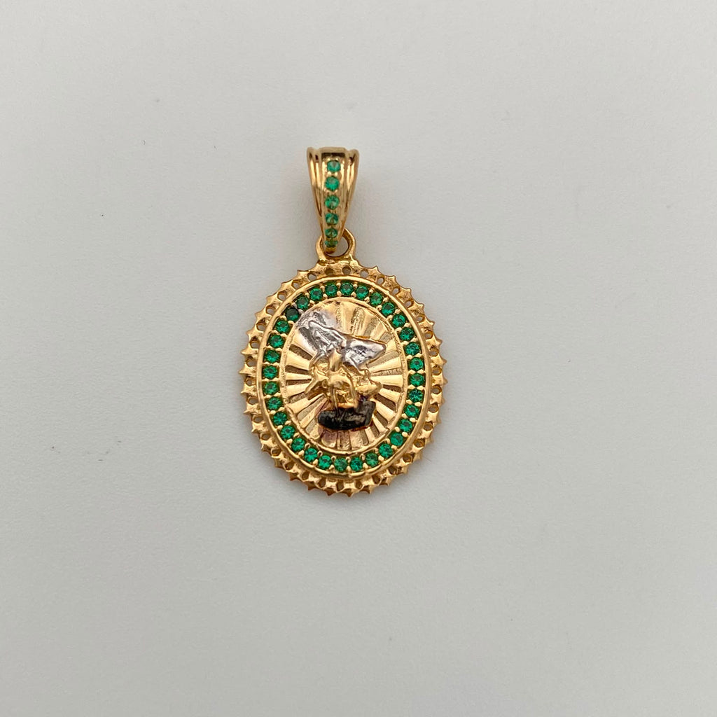 Dije Redondo Casting Verde San Miguel Arcangel Oro amarillo y Oro blanco 18k 2,8 Gr / 15,9 mm / 2,6 Cm