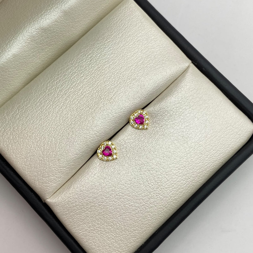 Topos Corazon circones fucsias y blancos Oro amarillo 18k 0,9 Gr / 6,1 mm